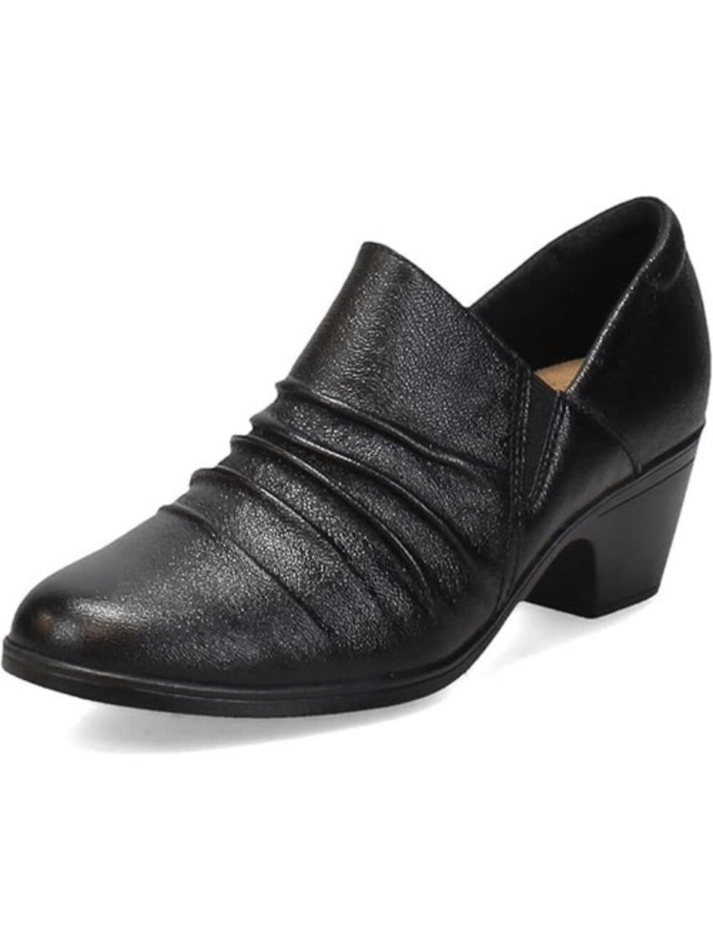 Clarks Black Leather Ruched Slip-On Bootie  Block Heel | Elastic Gore | Round To